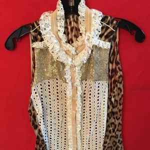 ROBERTO CAVALLI LEOPARD GOLD MESH SLEEVELESS TOP